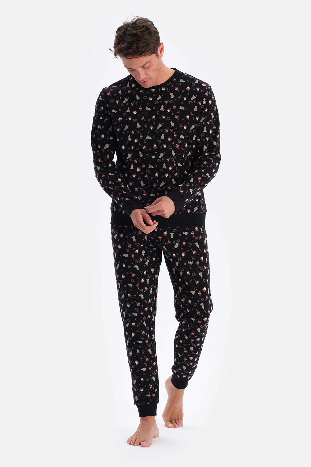 Siyah Metraj Baskılı Ipek Apre Interlok Pijama Takımı