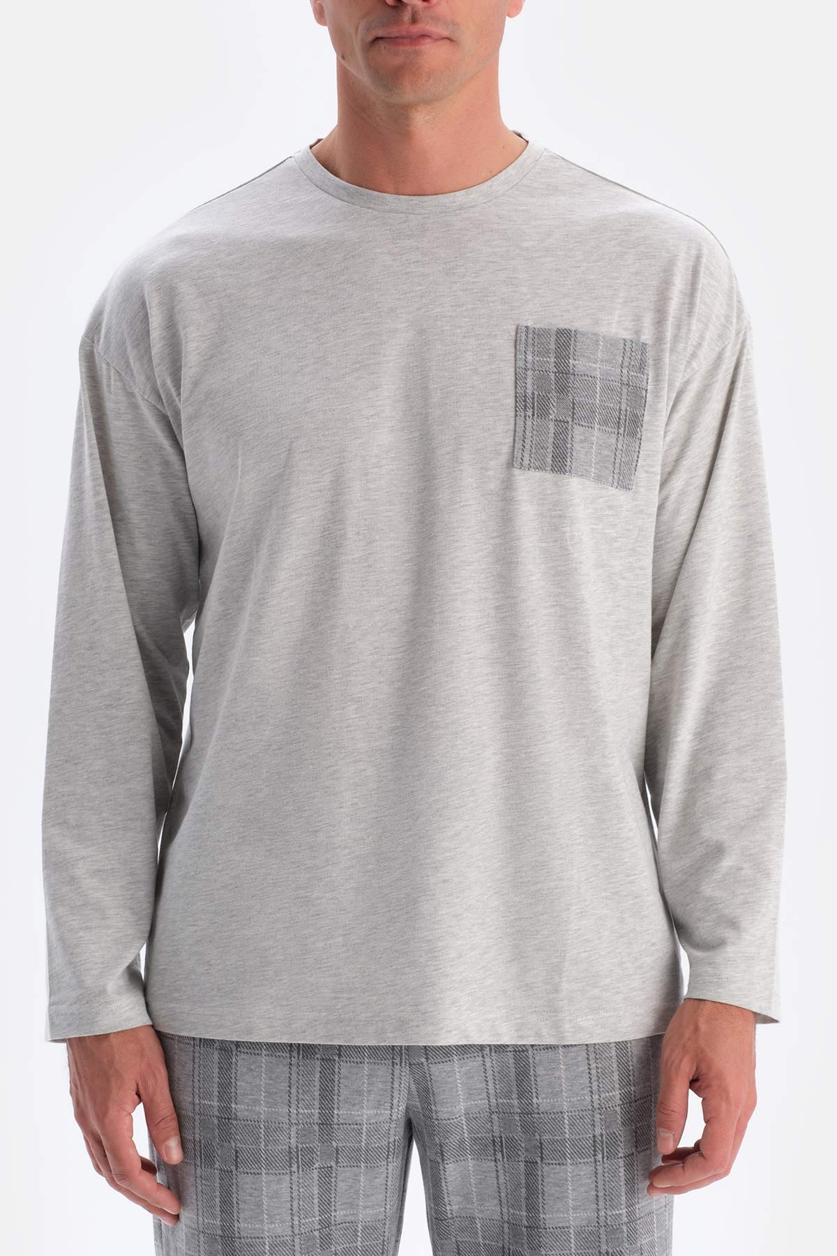 Gri Melanj Bisiklet Yaka Altı Jakarlı Pijama Takımı