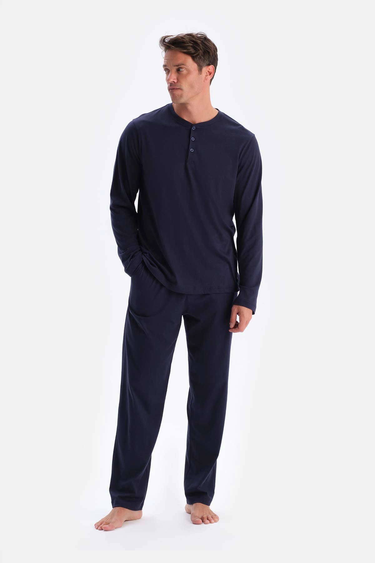 Lacivert Yarım Patlı Uzun Kollu Tişört Pantolon Pijama Takımı