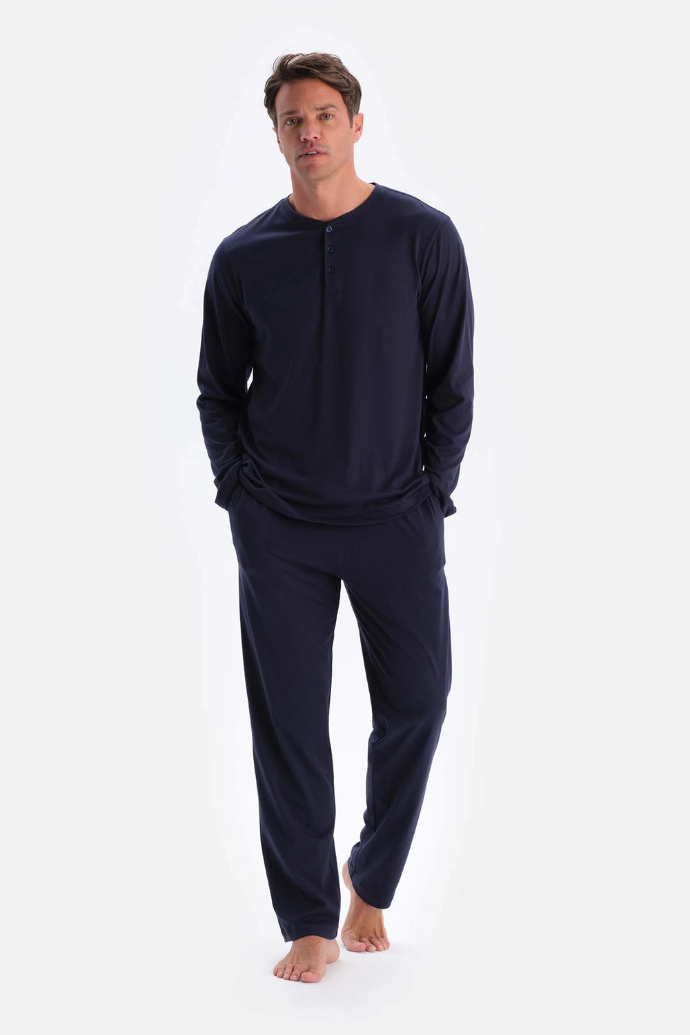 Lacivert Yarım Patlı Uzun Kollu Tişört Pantolon Pijama Takımı