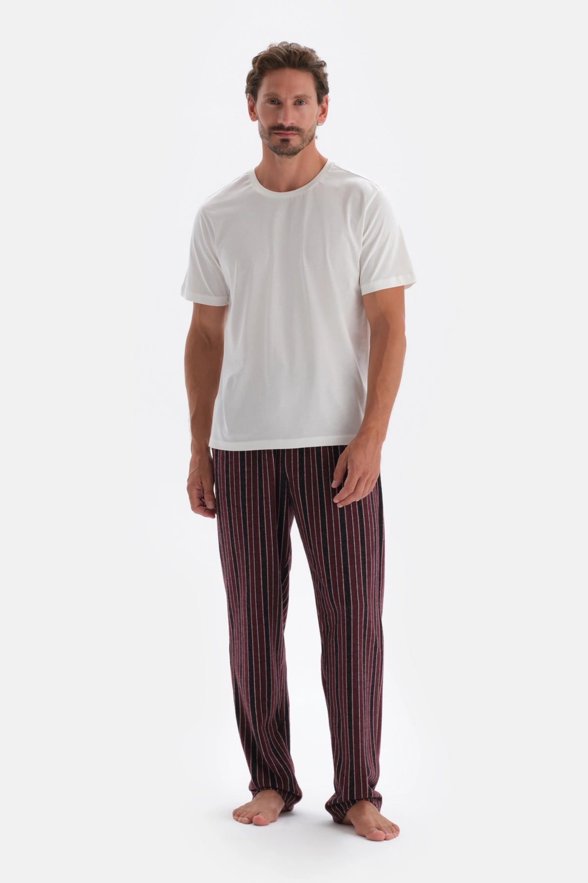 Bordo Çizgi Jakarlı Örme Pijama Altı