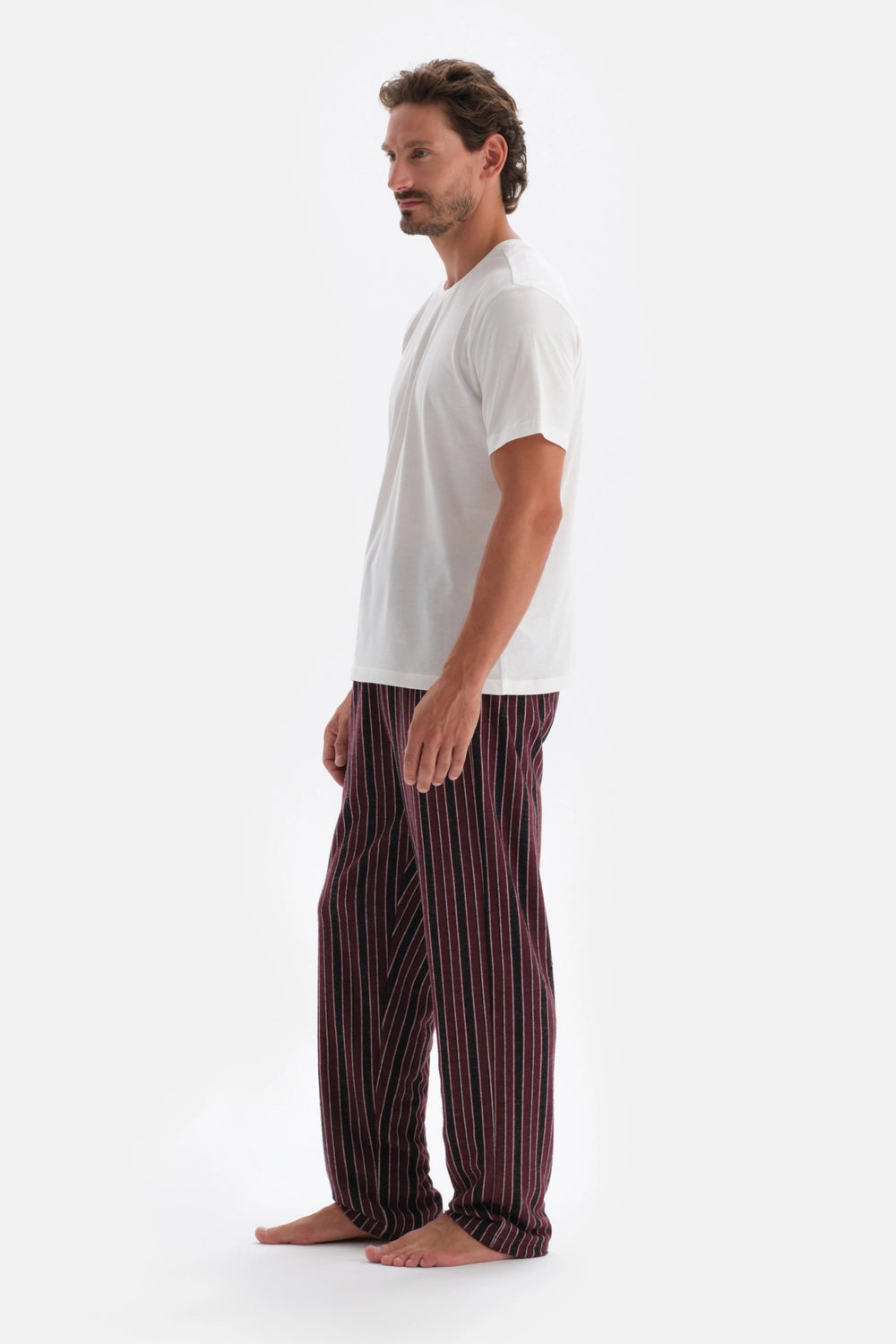 Bordo Çizgi Jakarlı Örme Pijama Altı