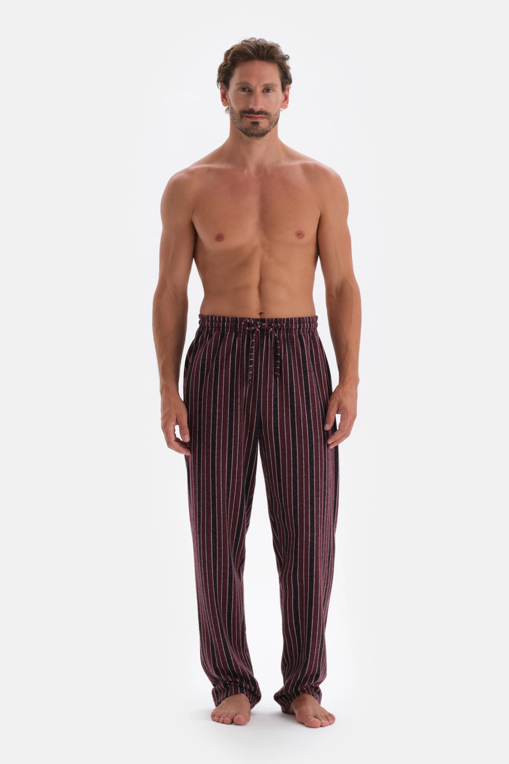 Bordo Çizgi Jakarlı Örme Pijama Altı