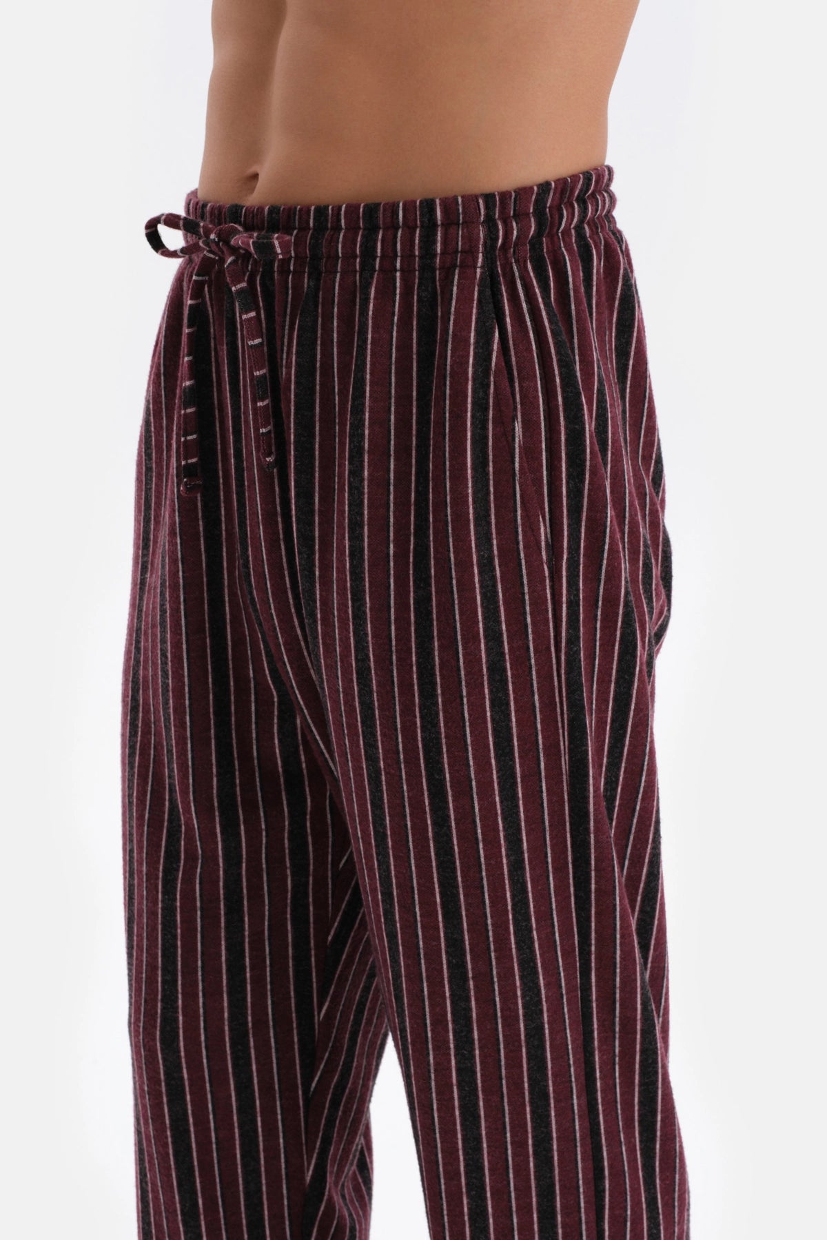 Bordo Çizgi Jakarlı Örme Pijama Altı