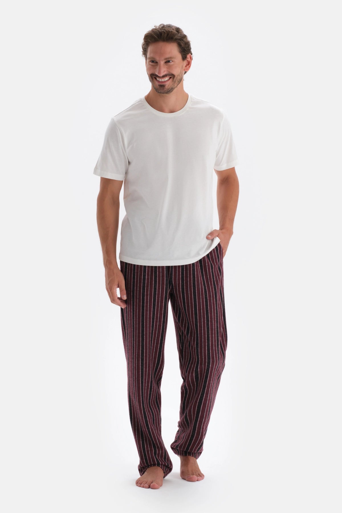 Bordo Çizgi Jakarlı Örme Pijama Altı
