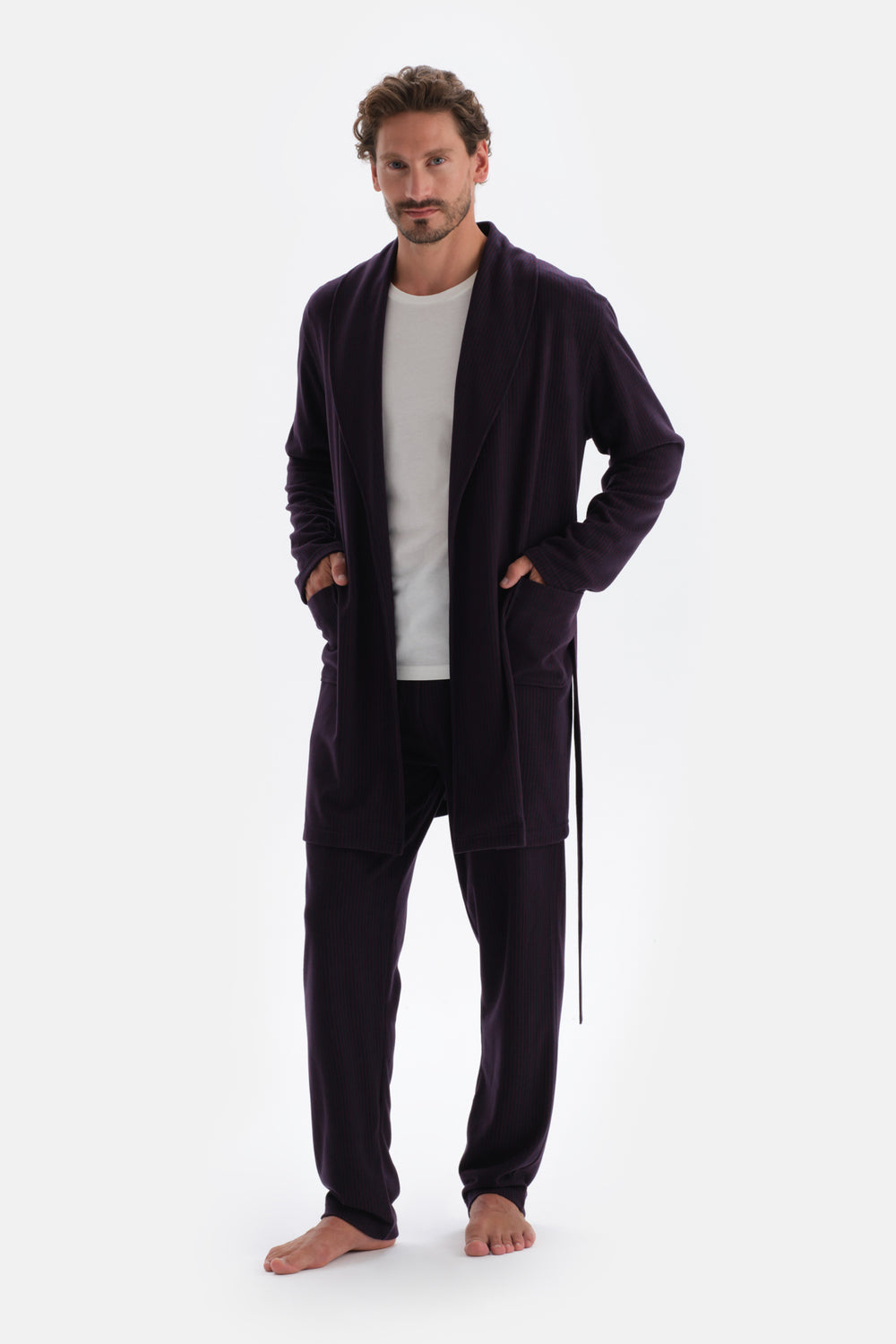 Bordo Çizgi Jakarlı Örme Pijama Altı