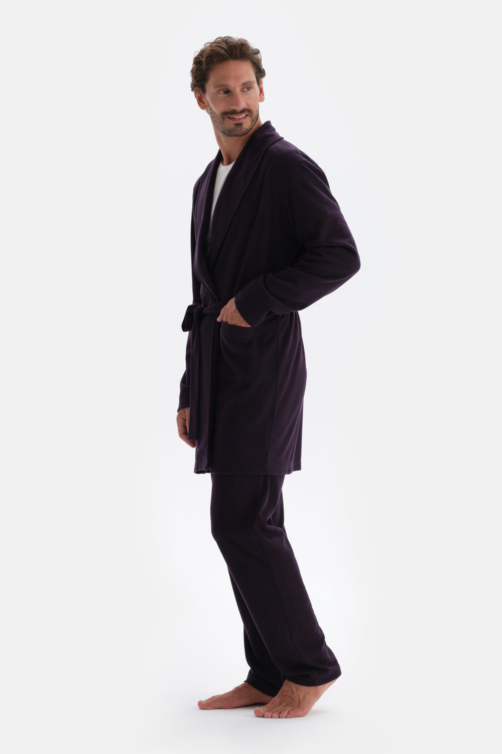 Bordo Çizgi Jakarlı Örme Pijama Altı