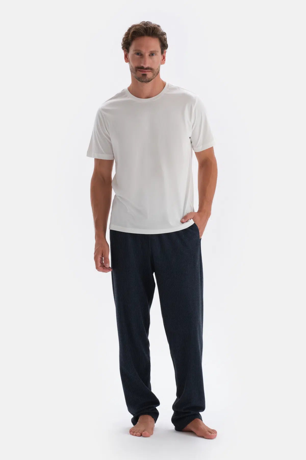 Lacivert Çizgi Jakarlı Örme Pijama Altı