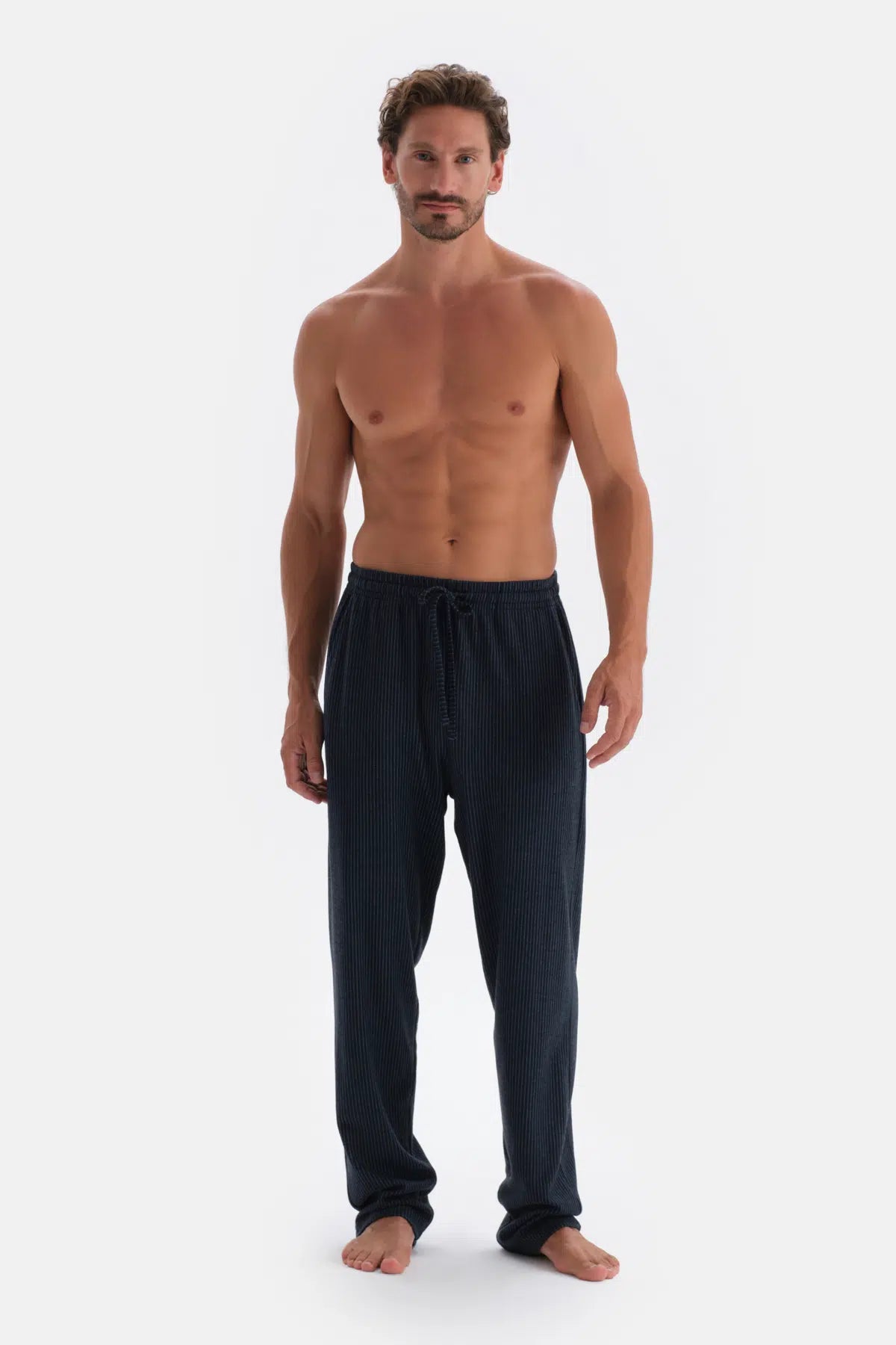 Lacivert Çizgi Jakarlı Örme Pijama Altı