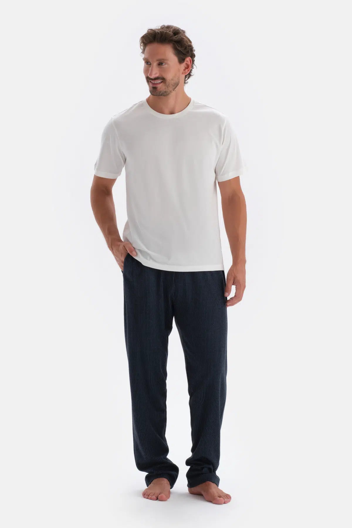 Lacivert Çizgi Jakarlı Örme Pijama Altı