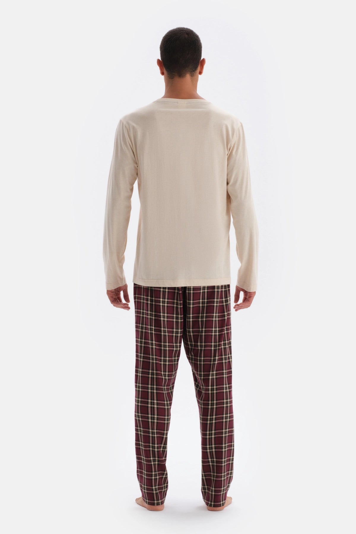 Ekru Bisiklet Yaka Uzun Kol Baskı Detaylı Pijama Üstü