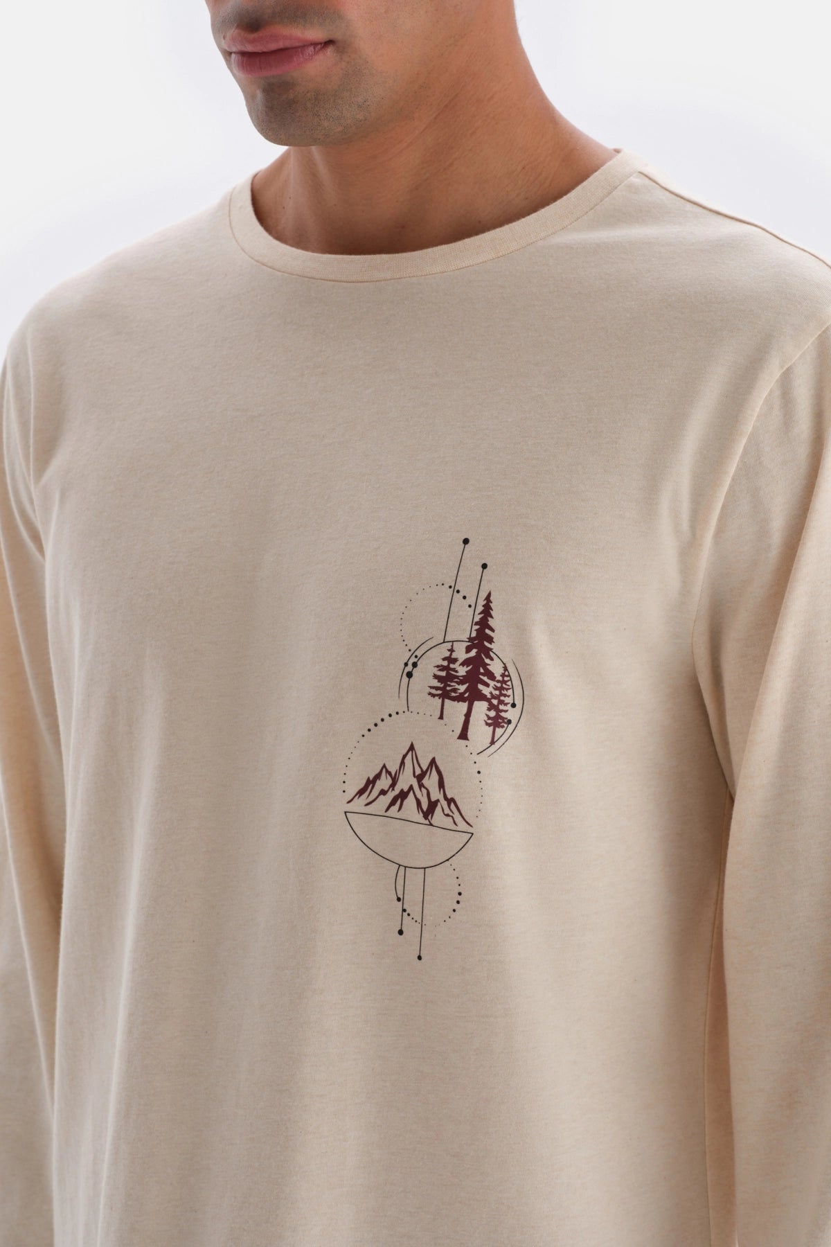 Ekru Bisiklet Yaka Uzun Kol Baskı Detaylı Pijama Üstü