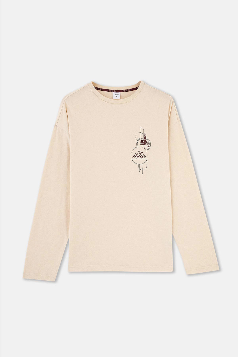 Ekru Bisiklet Yaka Uzun Kol Baskı Detaylı Pijama Üstü