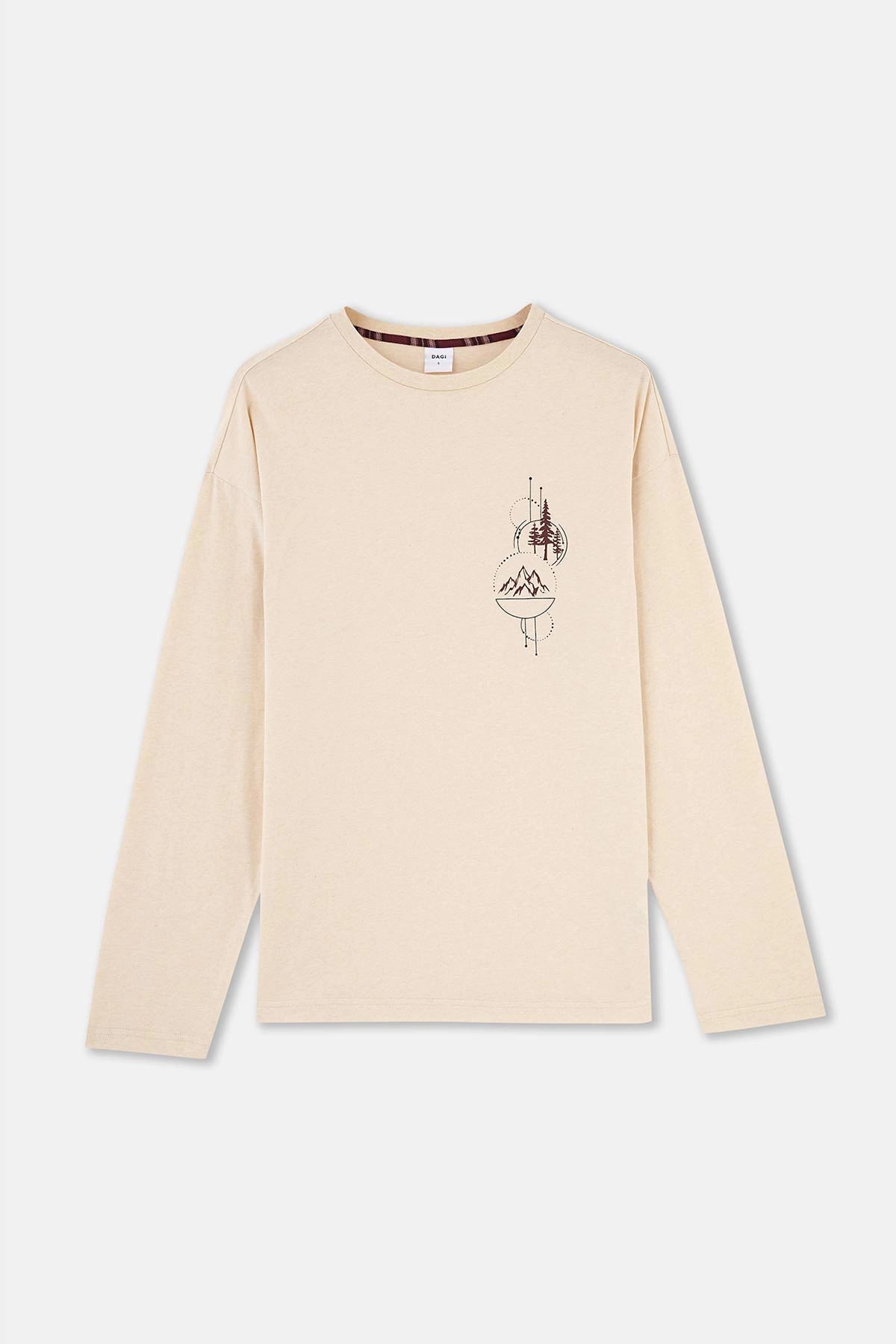 Ekru Bisiklet Yaka Uzun Kol Baskı Detaylı Pijama Üstü