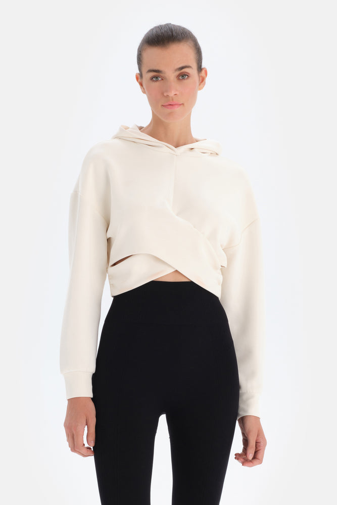 Ekru Dagi Active Çapraz Detaylı Kapüşonlu Modal Sweatshirt