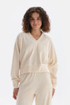 Ekru V Yaka Reglan Kol Kadife Sweatshirt