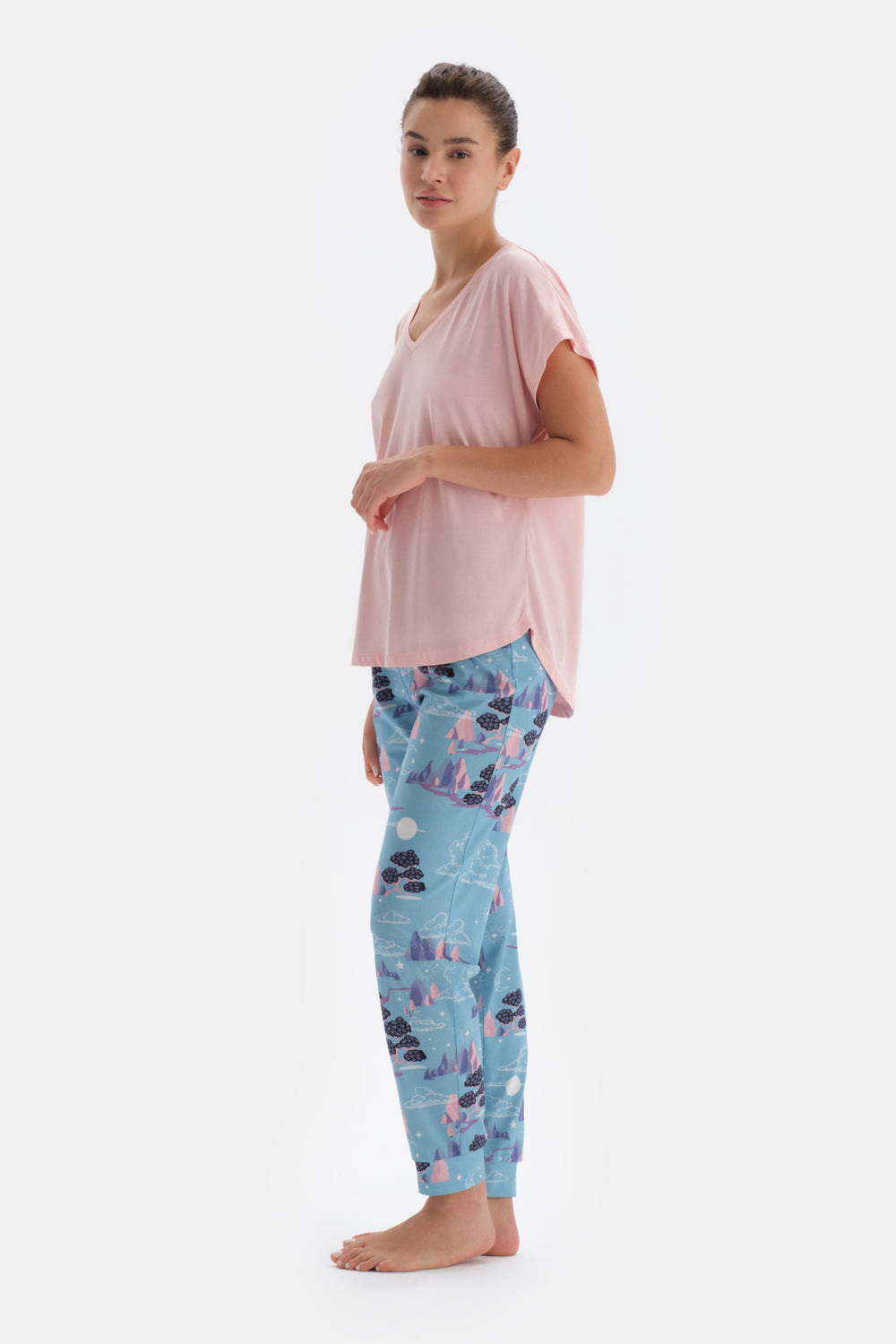 Açık Pembe V Yaka Kısa Kollu Pijama Üstü