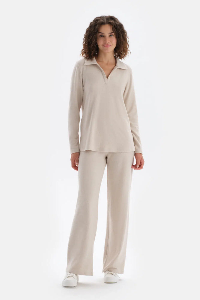 Bej Melanj Yüksek Bel Bol Paça Pantolon