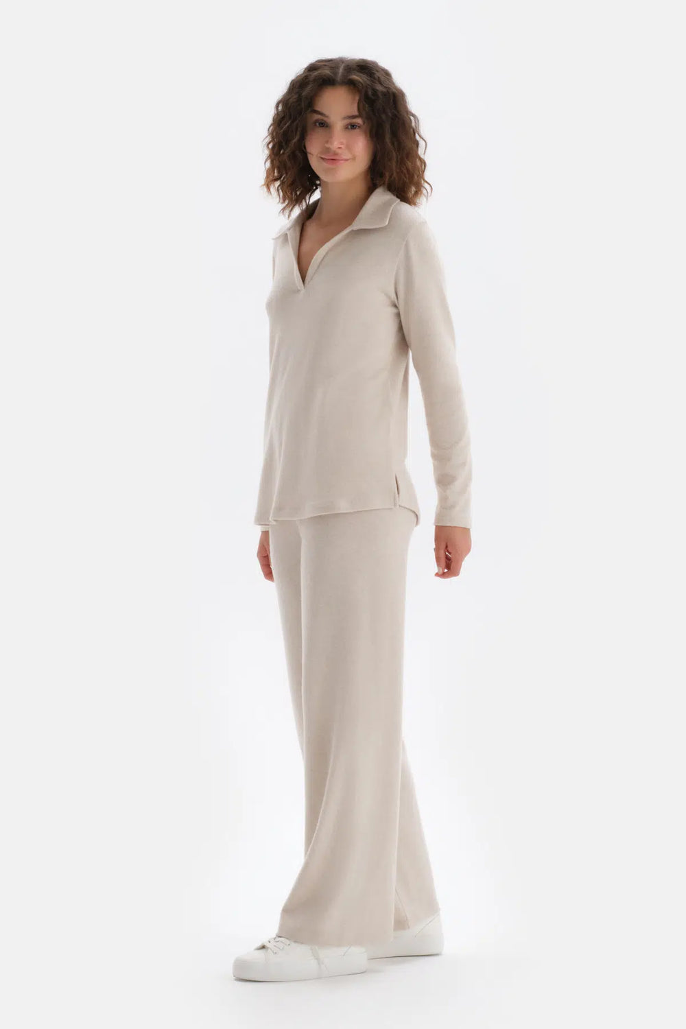 Bej Melanj Yüksek Bel Bol Paça Pantolon