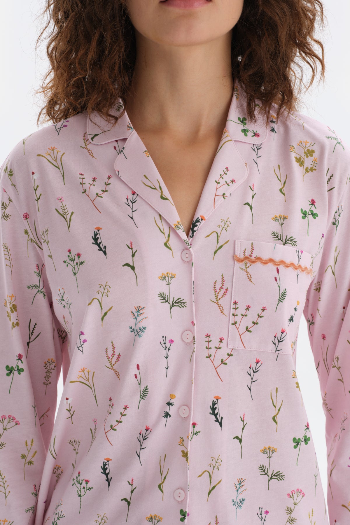 Açık Pembe Minik Çiçek Baskılı Gömlek Pantolon Pijama Takımı