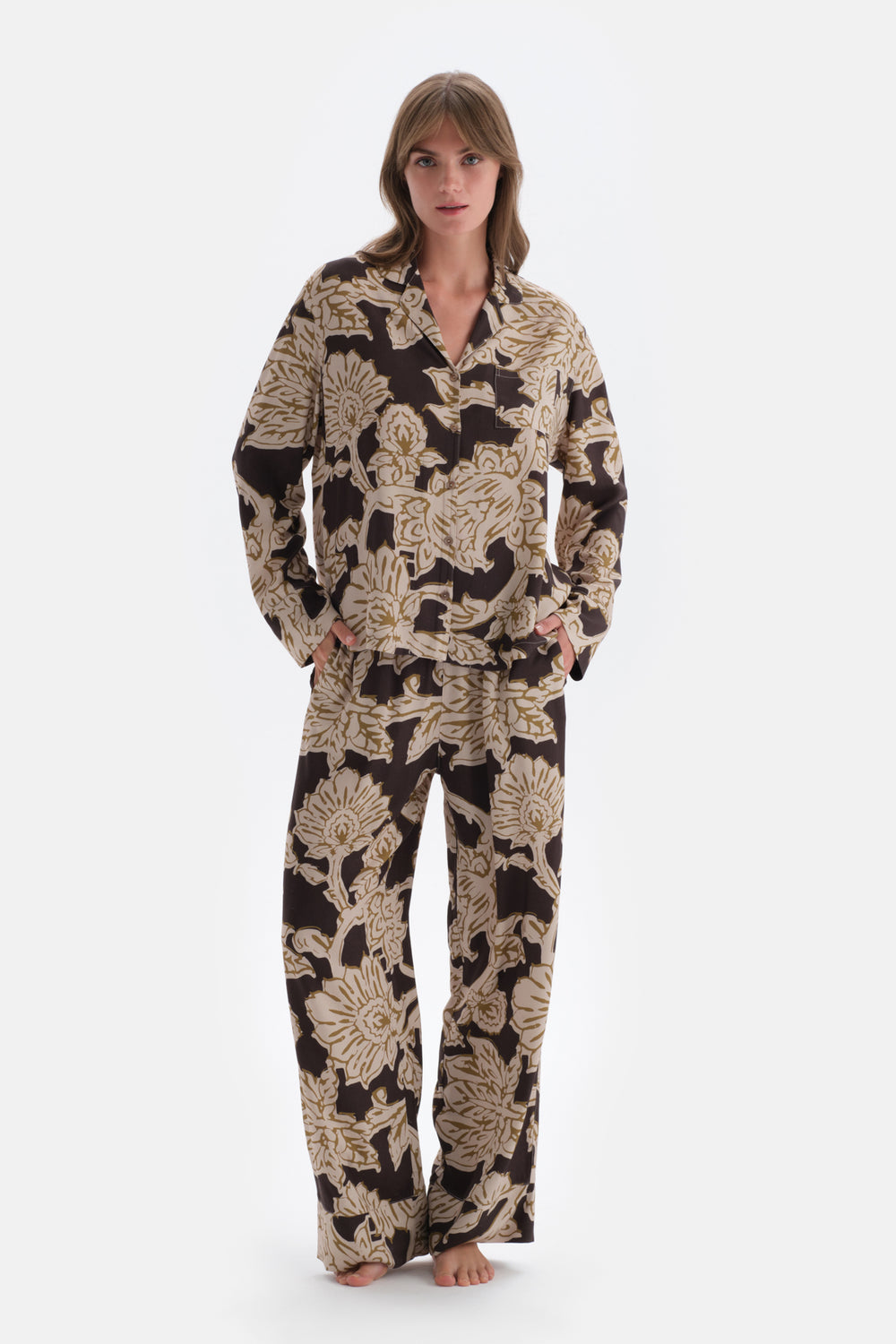 Multicolor Metraj Baskılı Dokuma Gömlek Pijama Üstü