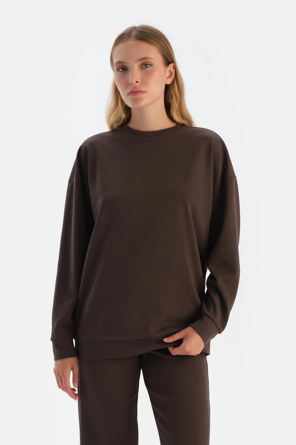 Koyu Kahve Basıc Modal Sweatshırt