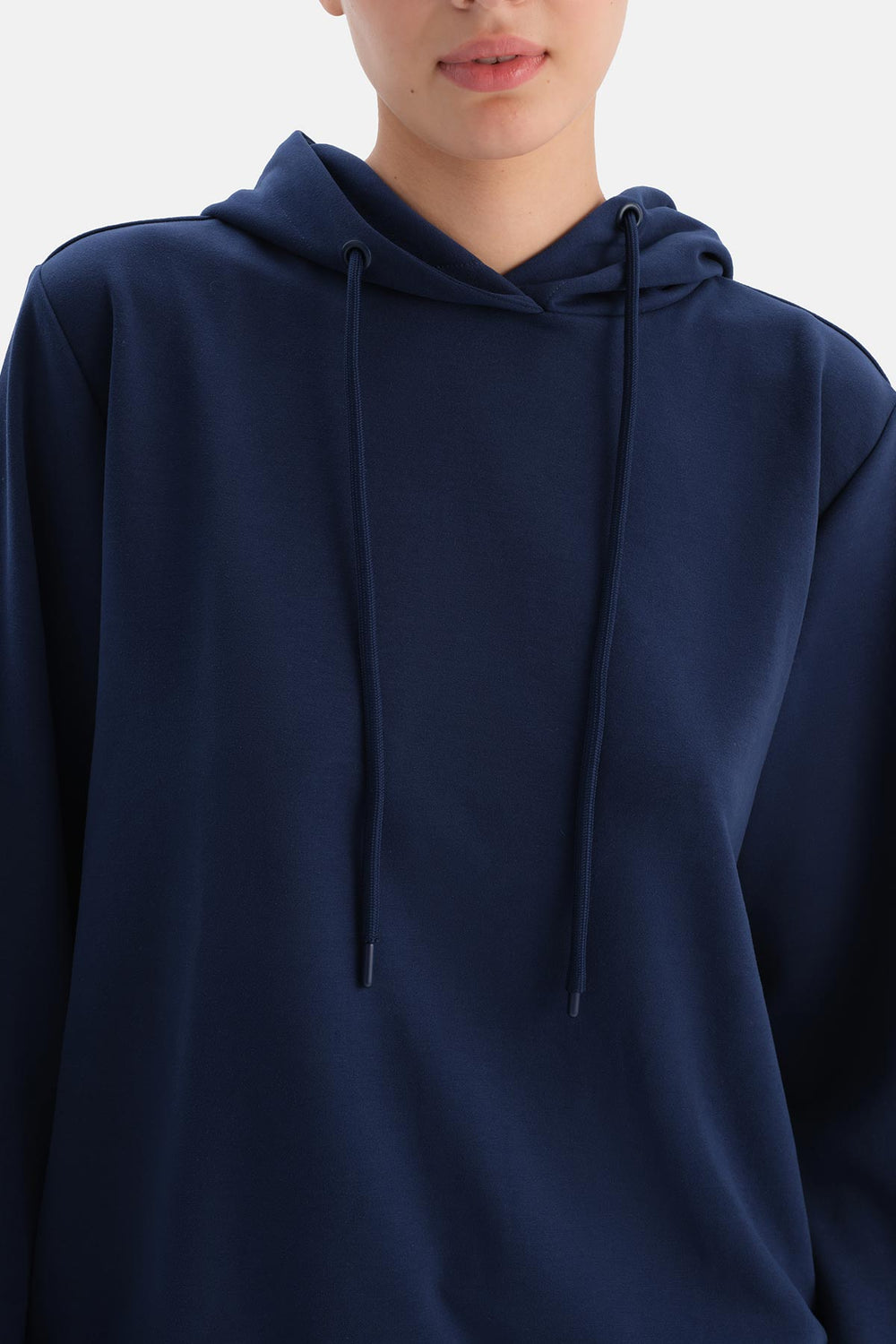 Lacivert Uzun Kollu Kapüşonlu Basıc Modal Sweatshırt