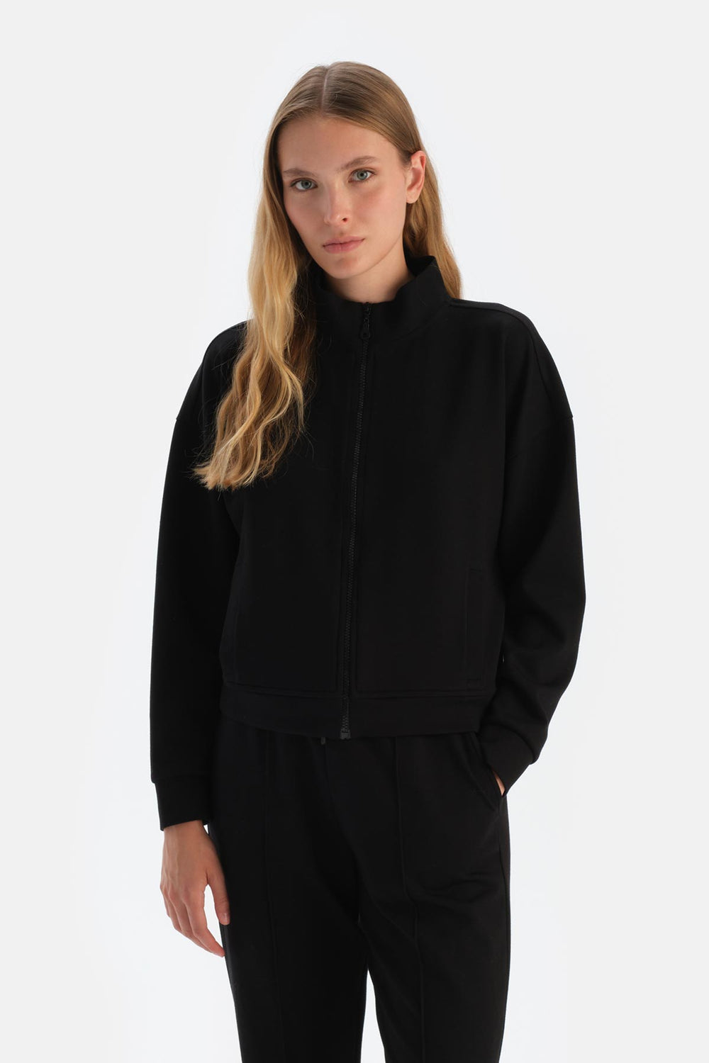 Siyah Dik Yaka Fermuarlı Modal Sweatshirt
