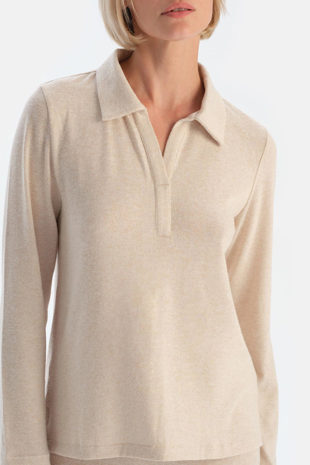 Ekru Polo Yaka Uzun Kollu Basıc Üst