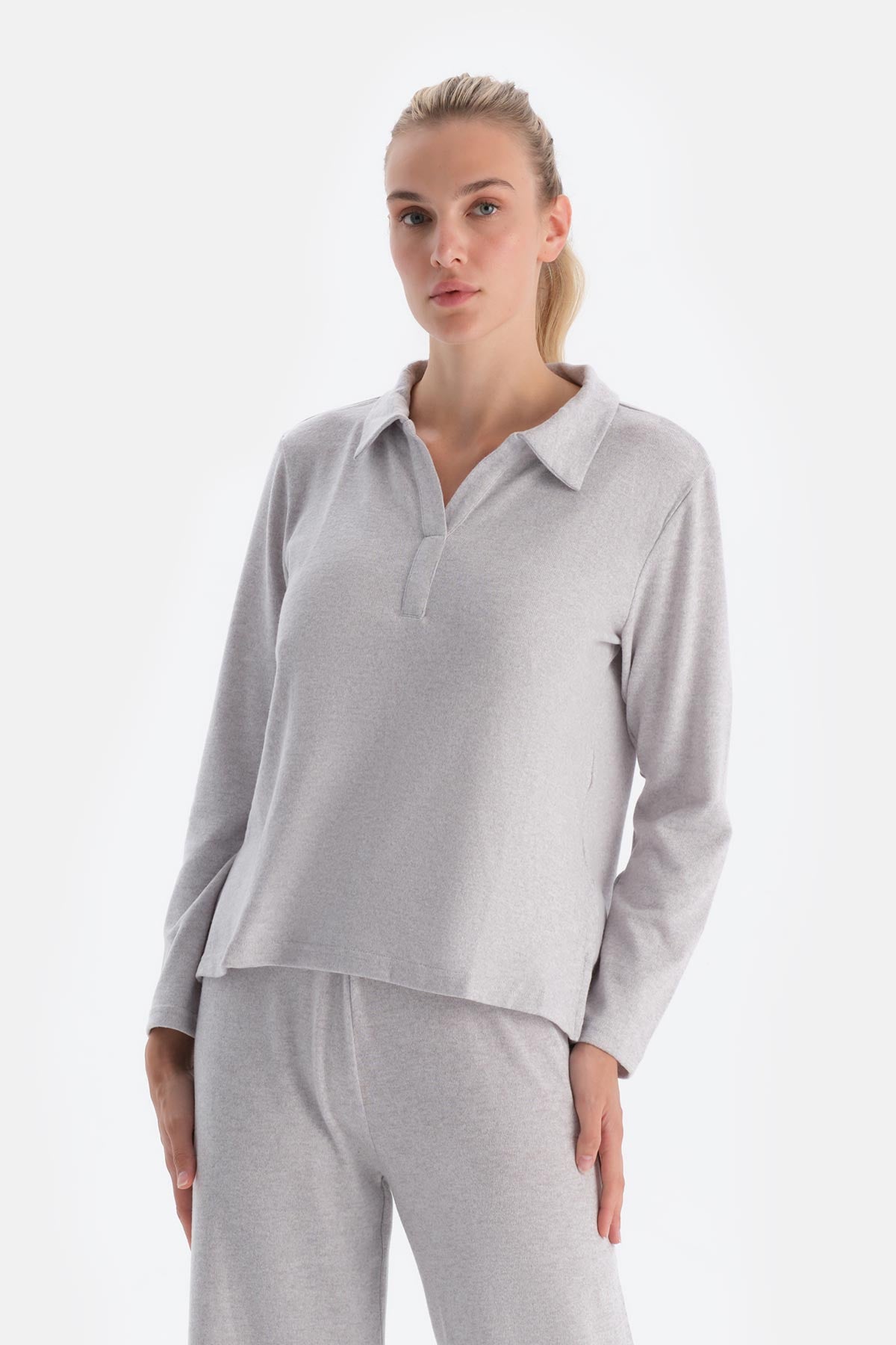 Gri Melanj Polo Yaka Uzun Kollu Basıc Üst