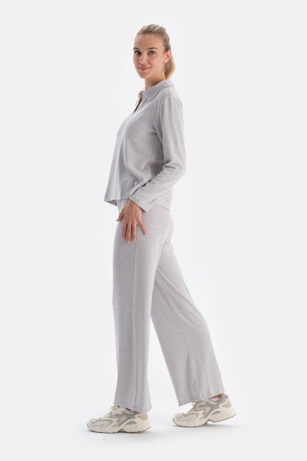 Gri Melanj Polo Yaka Uzun Kollu Basıc Üst