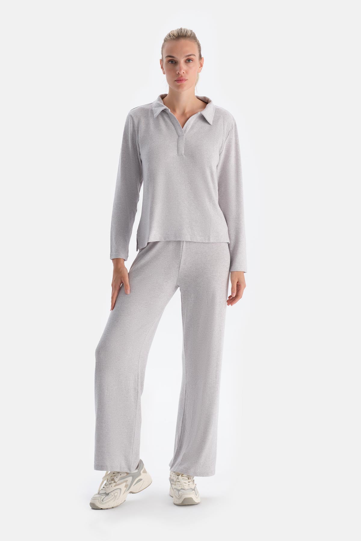 Gri Melanj Polo Yaka Uzun Kollu Basıc Üst