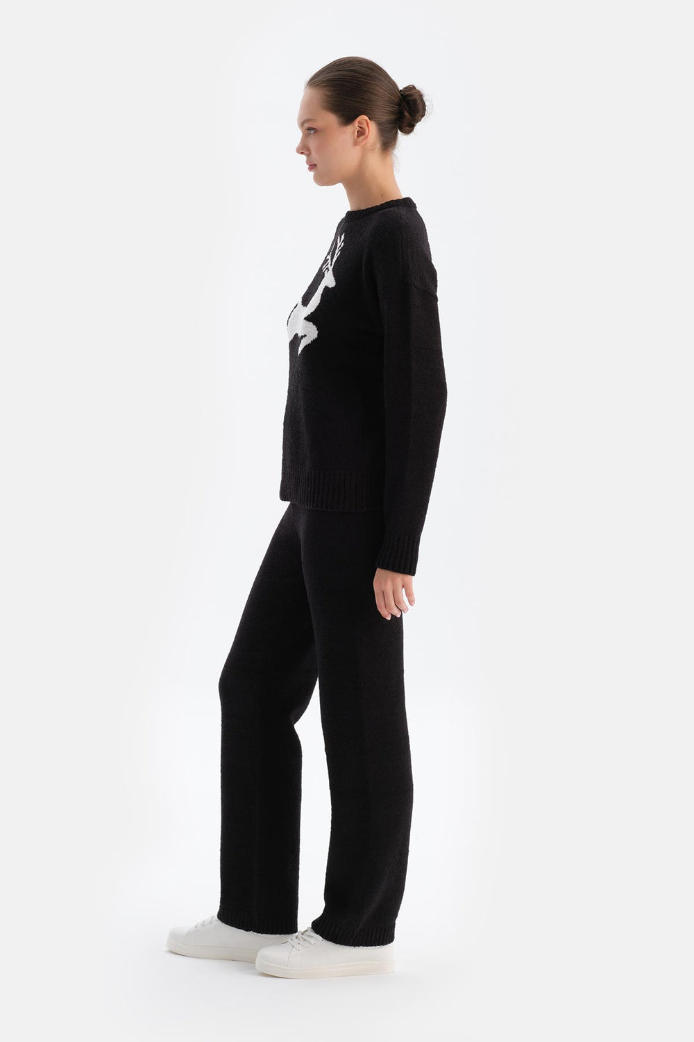 Siyah Geyik Baskılı Polar Sweatshırt