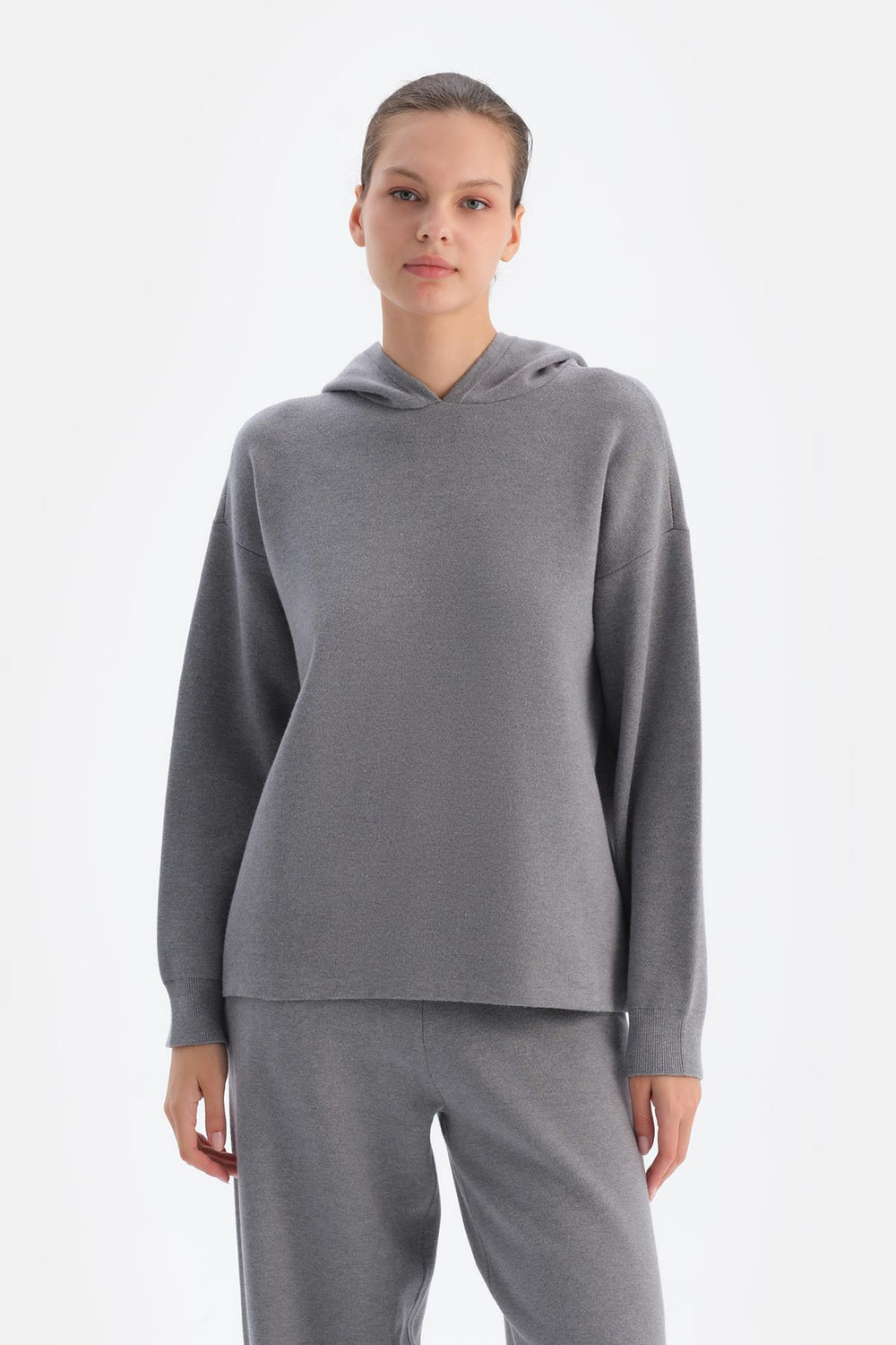 Gri Melanj Kapüşonlu Soft Tuşeli Sweatshırt