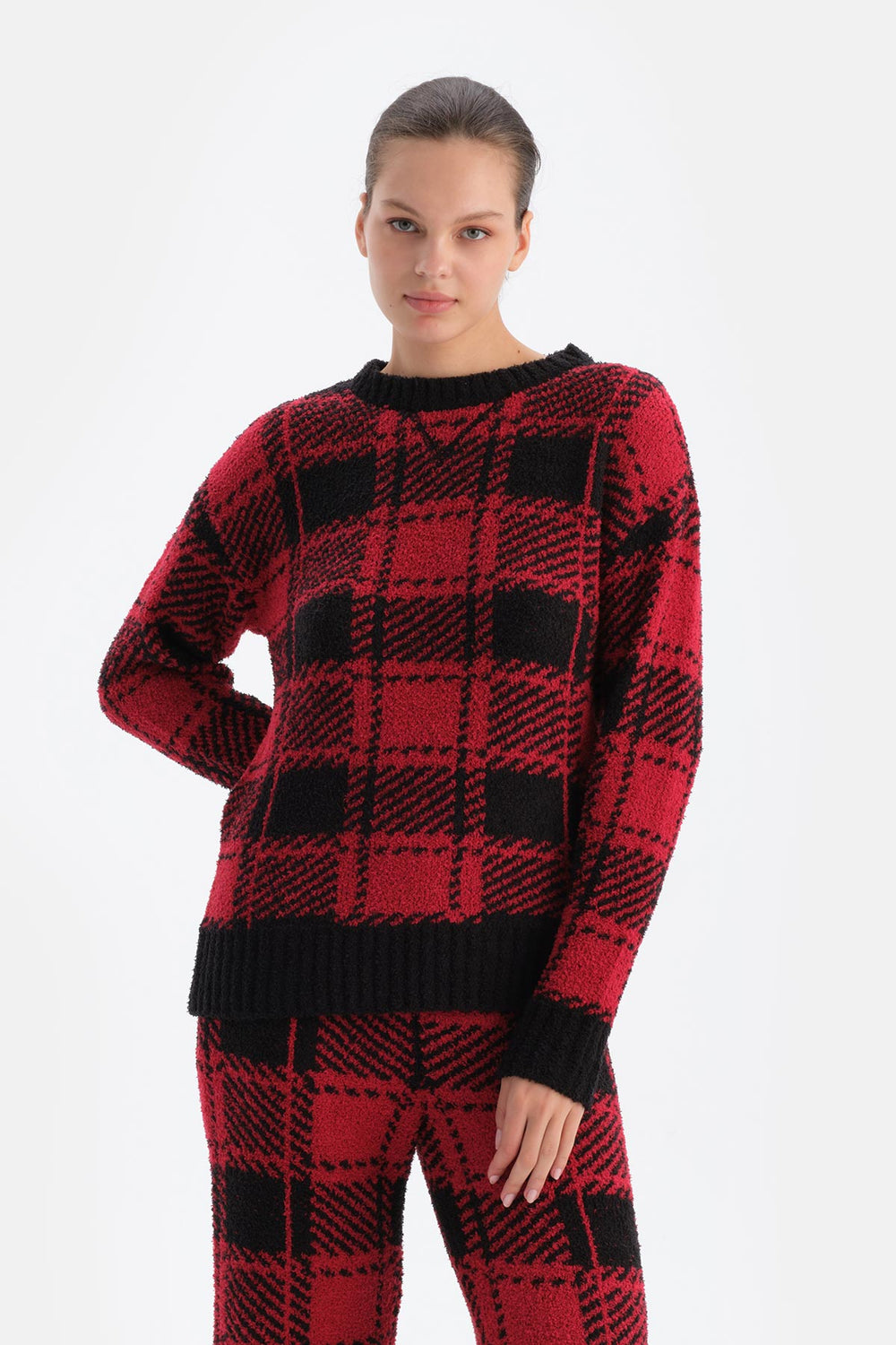 Kırmızı Ekoseli Polar Sweatshırt