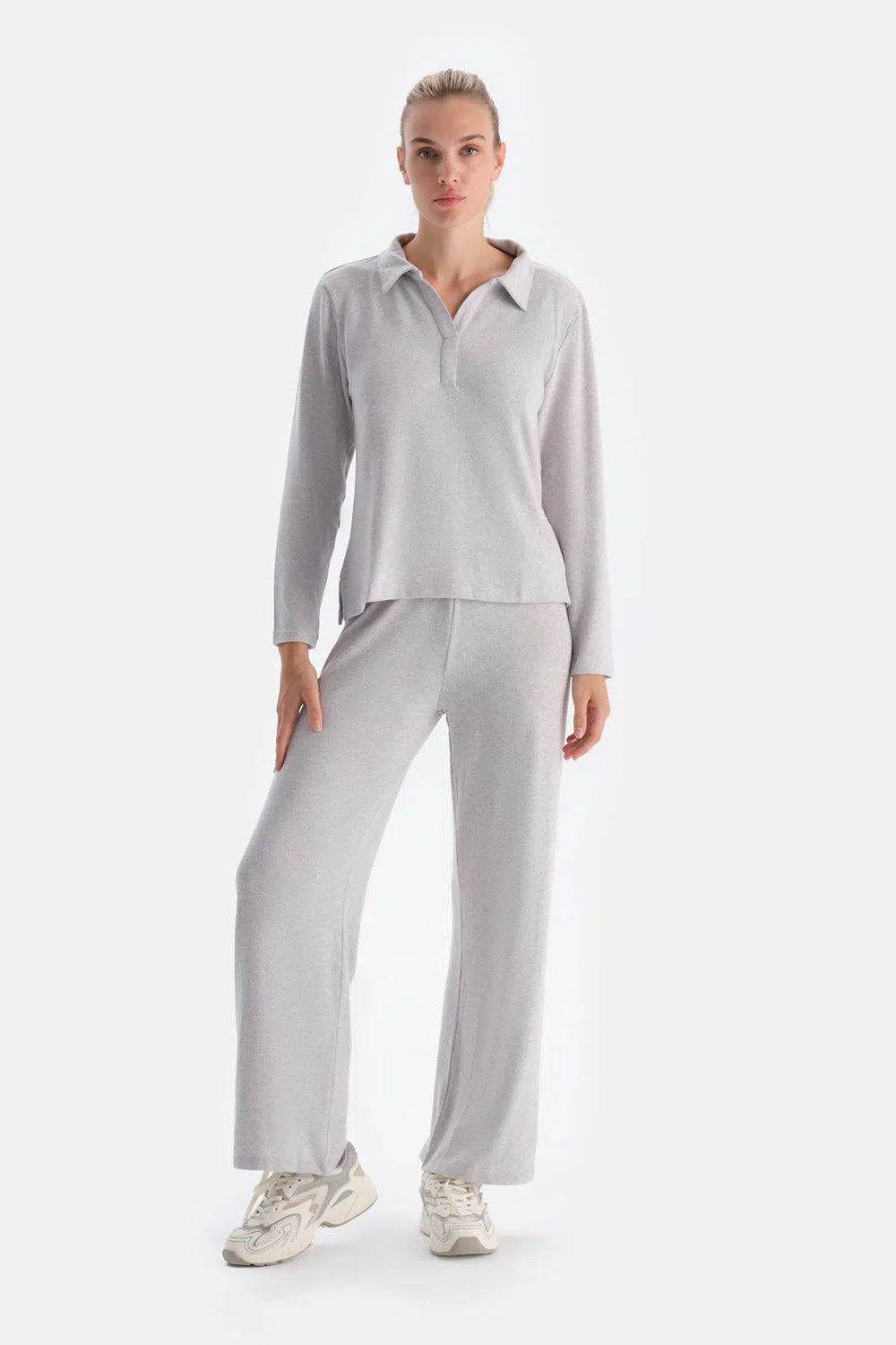 Gri Melanj Yüksek Bel Bol Paça Basıc Pantolon