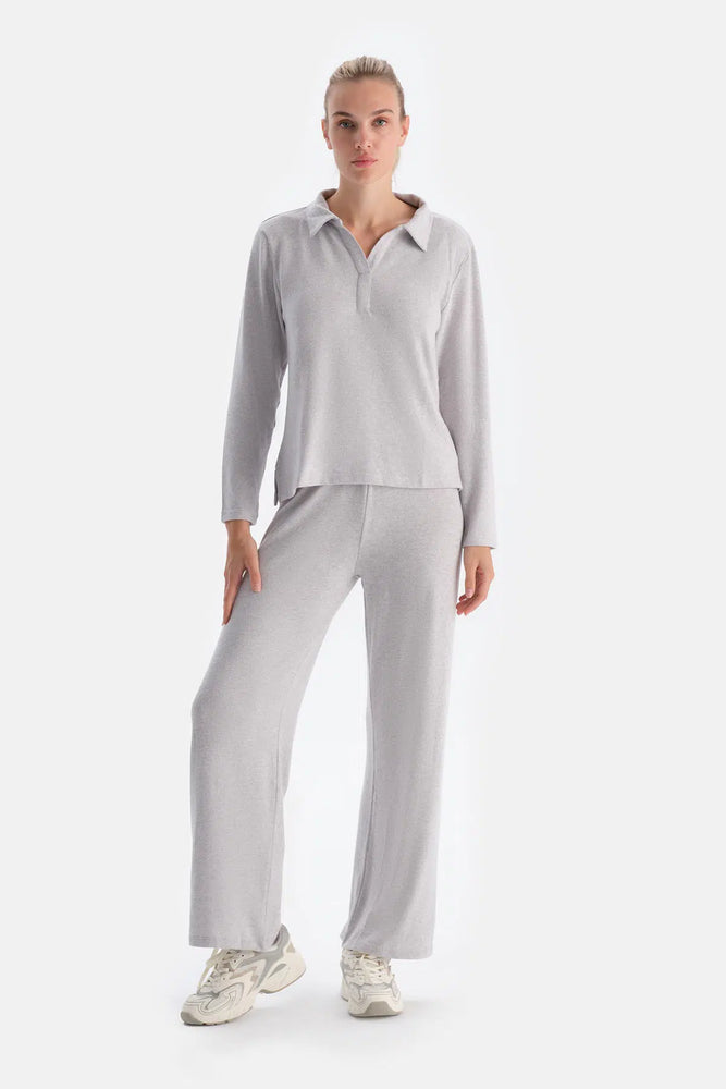 Gri Melanj Yüksek Bel Bol Paça Basıc Pantolon