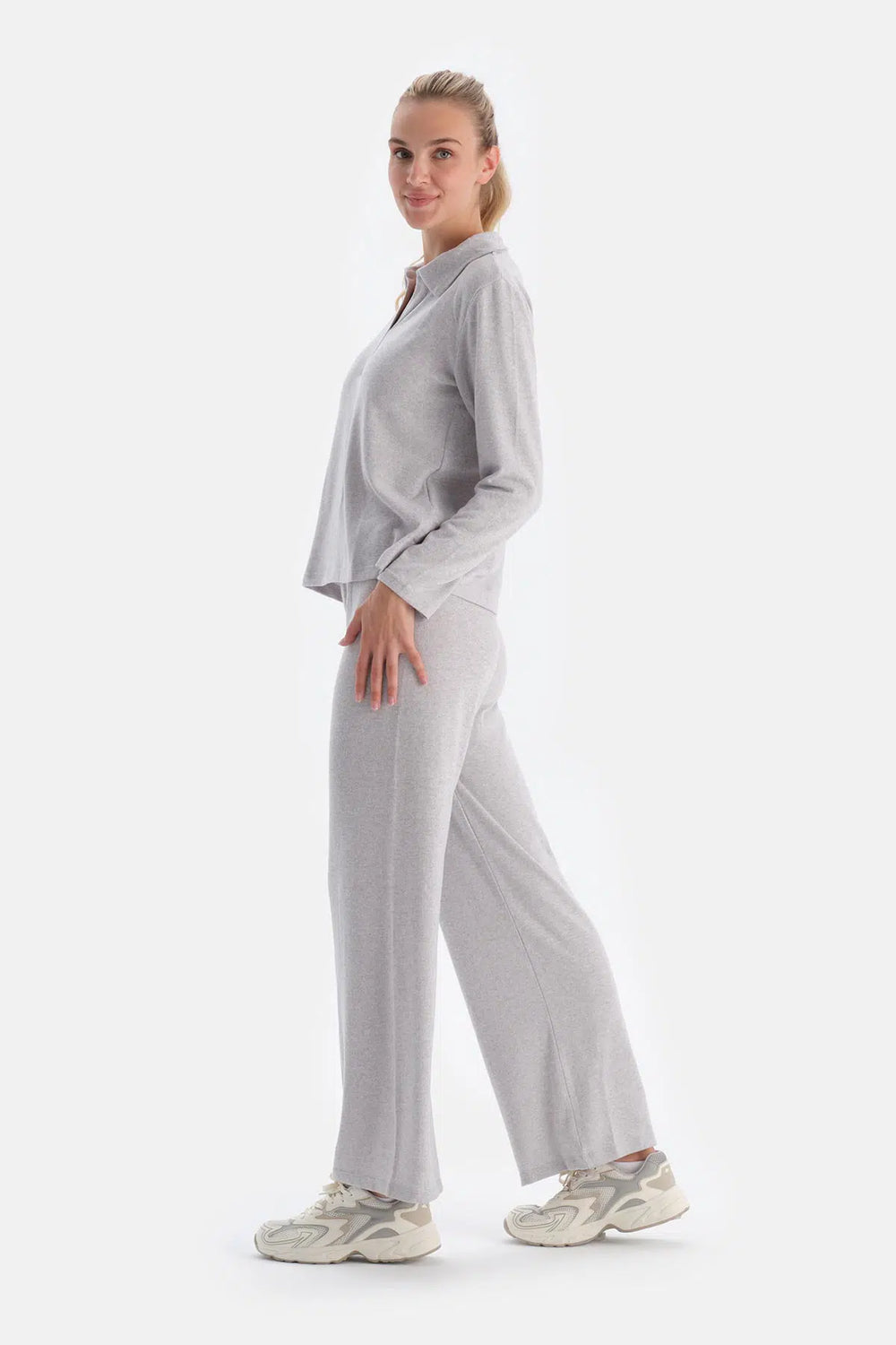 Gri Melanj Yüksek Bel Bol Paça Basıc Pantolon