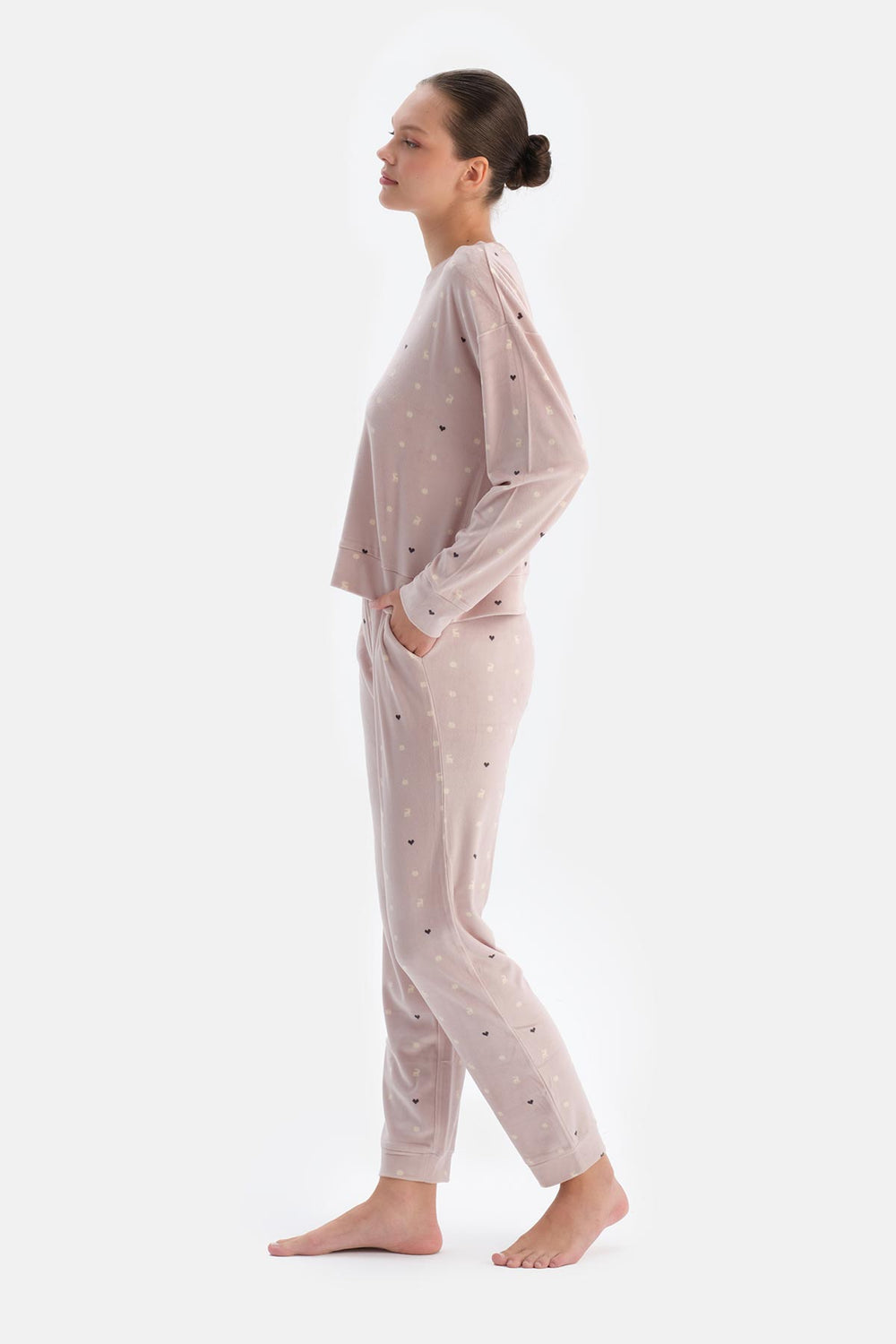 Pudra Mıkroprınt Baskılı Uzun Kollu Kadife Pijama Takımı