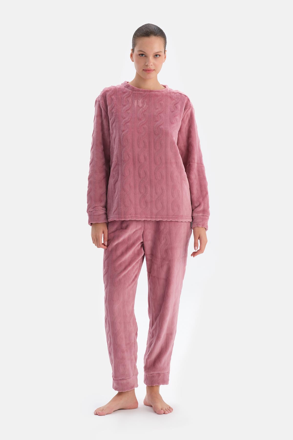 Gül Kurusu Örgü Detaylı Uzun Kollu Pijama Takımı