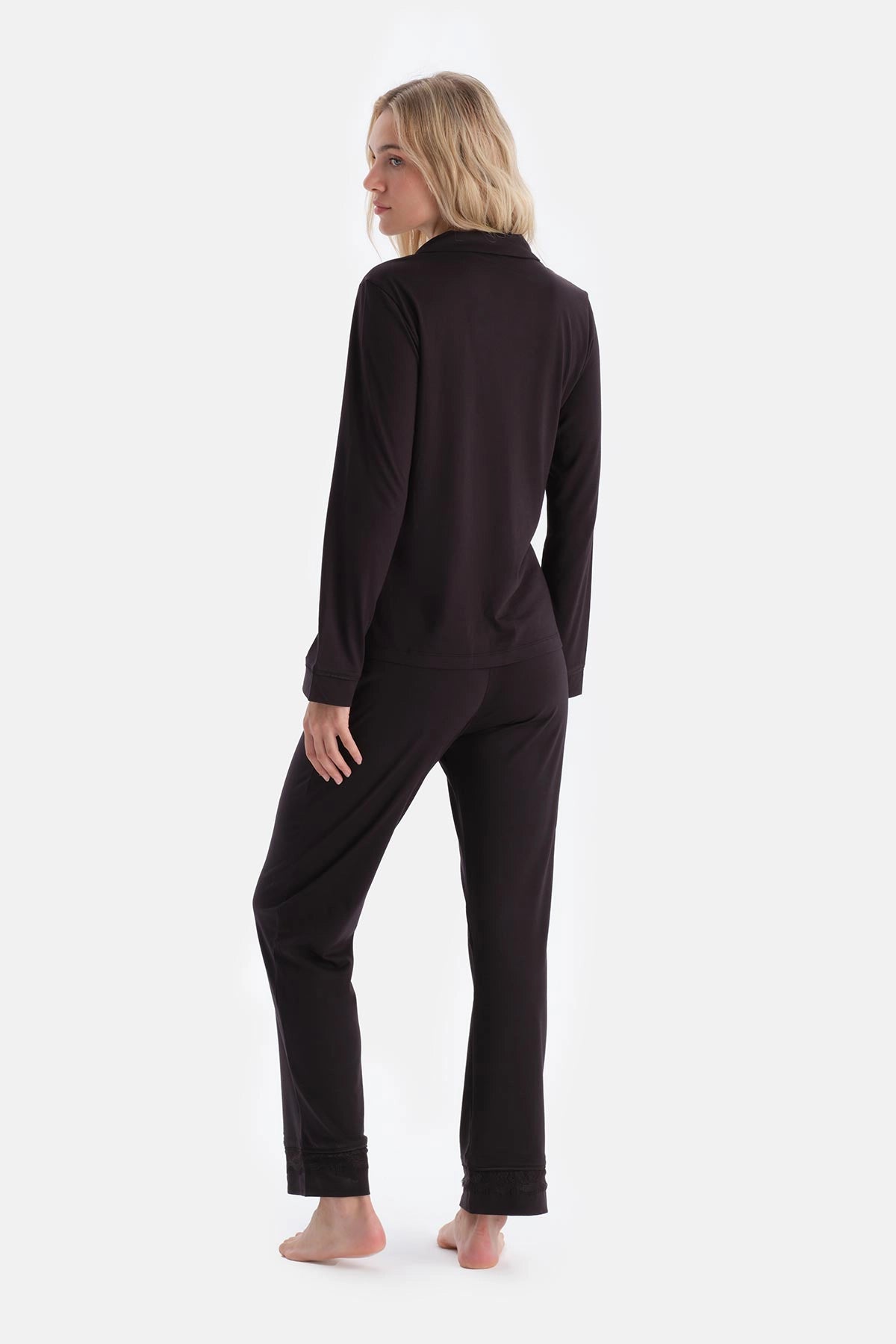 Koyu Kahve Dantel Detaylı Gömlek Pantolon Pijama Takımı