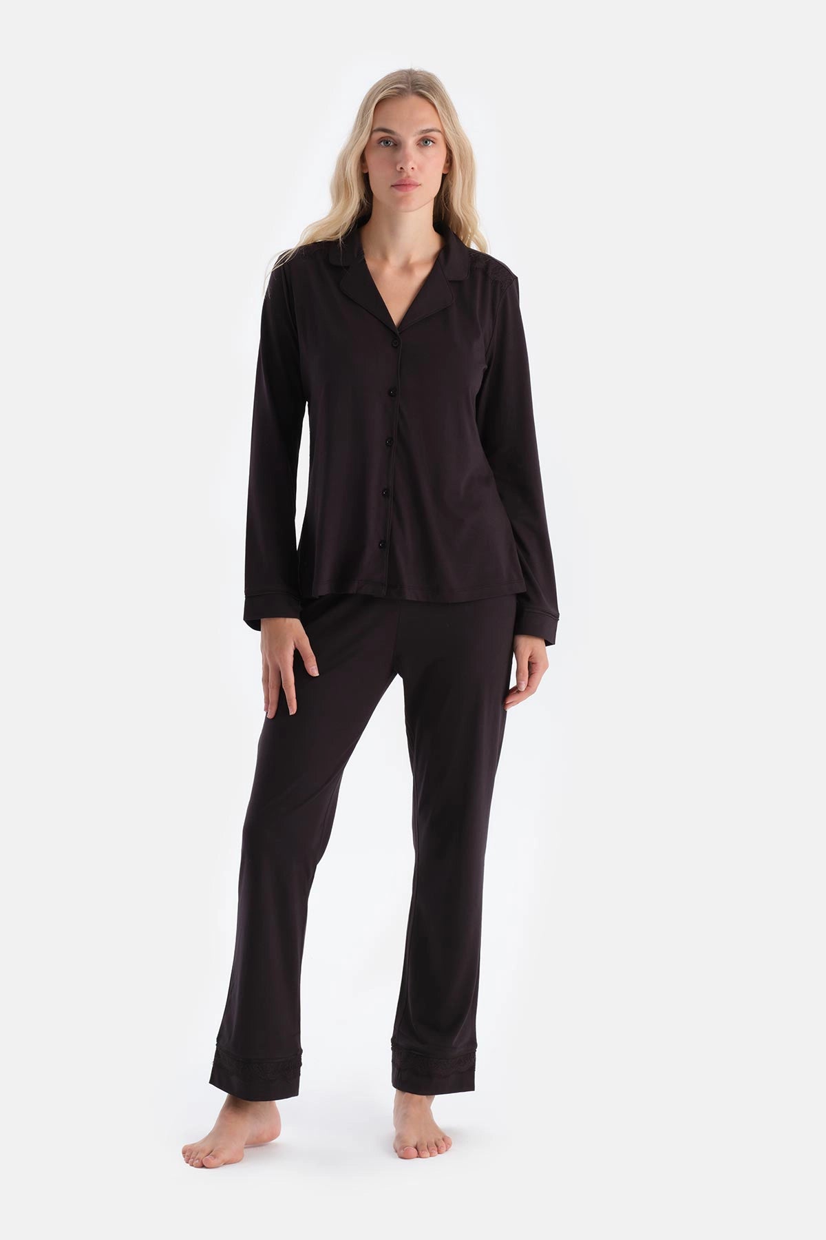 Koyu Kahve Dantel Detaylı Gömlek Pantolon Pijama Takımı