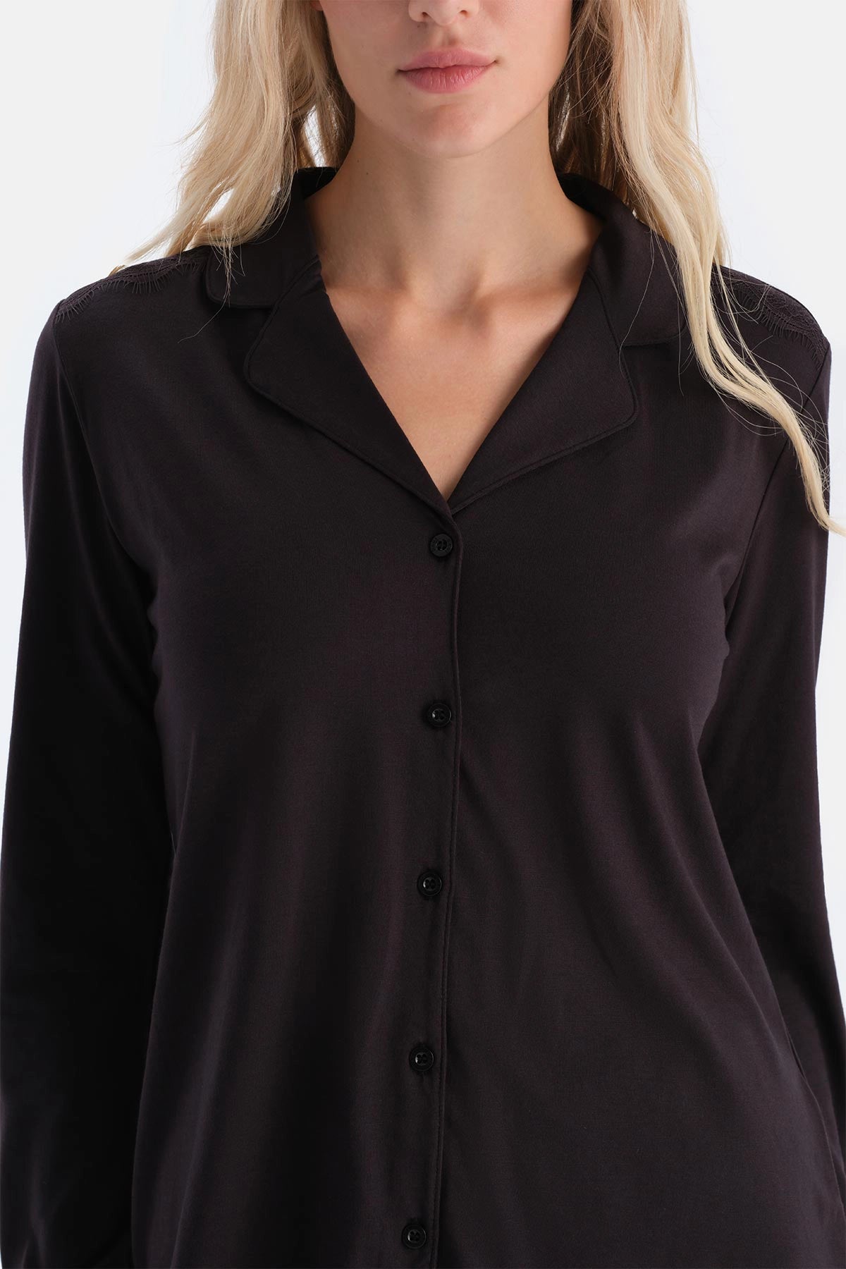 Koyu Kahve Dantel Detaylı Gömlek Pantolon Pijama Takımı