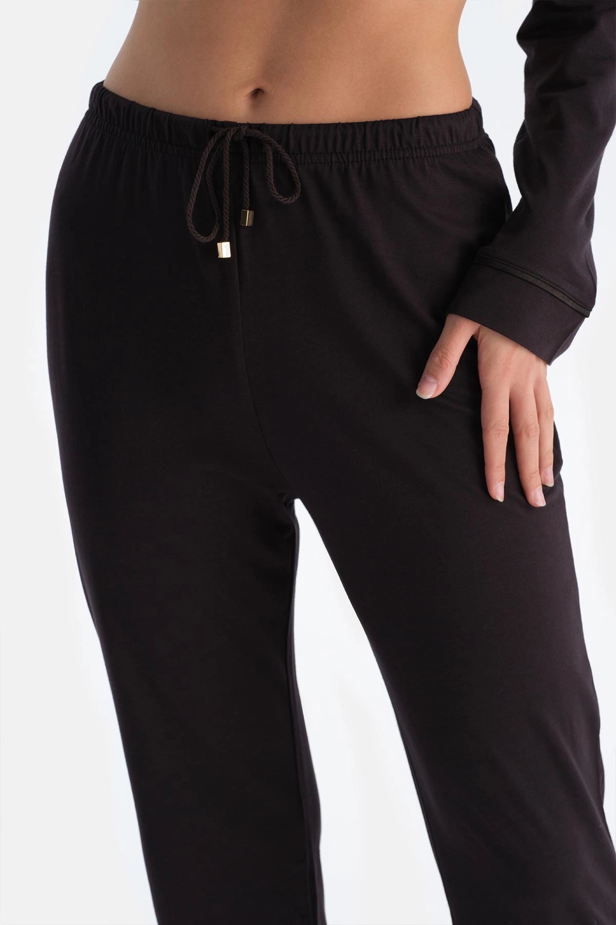 Koyu Kahve Dantel Detaylı Gömlek Pantolon Pijama Takımı