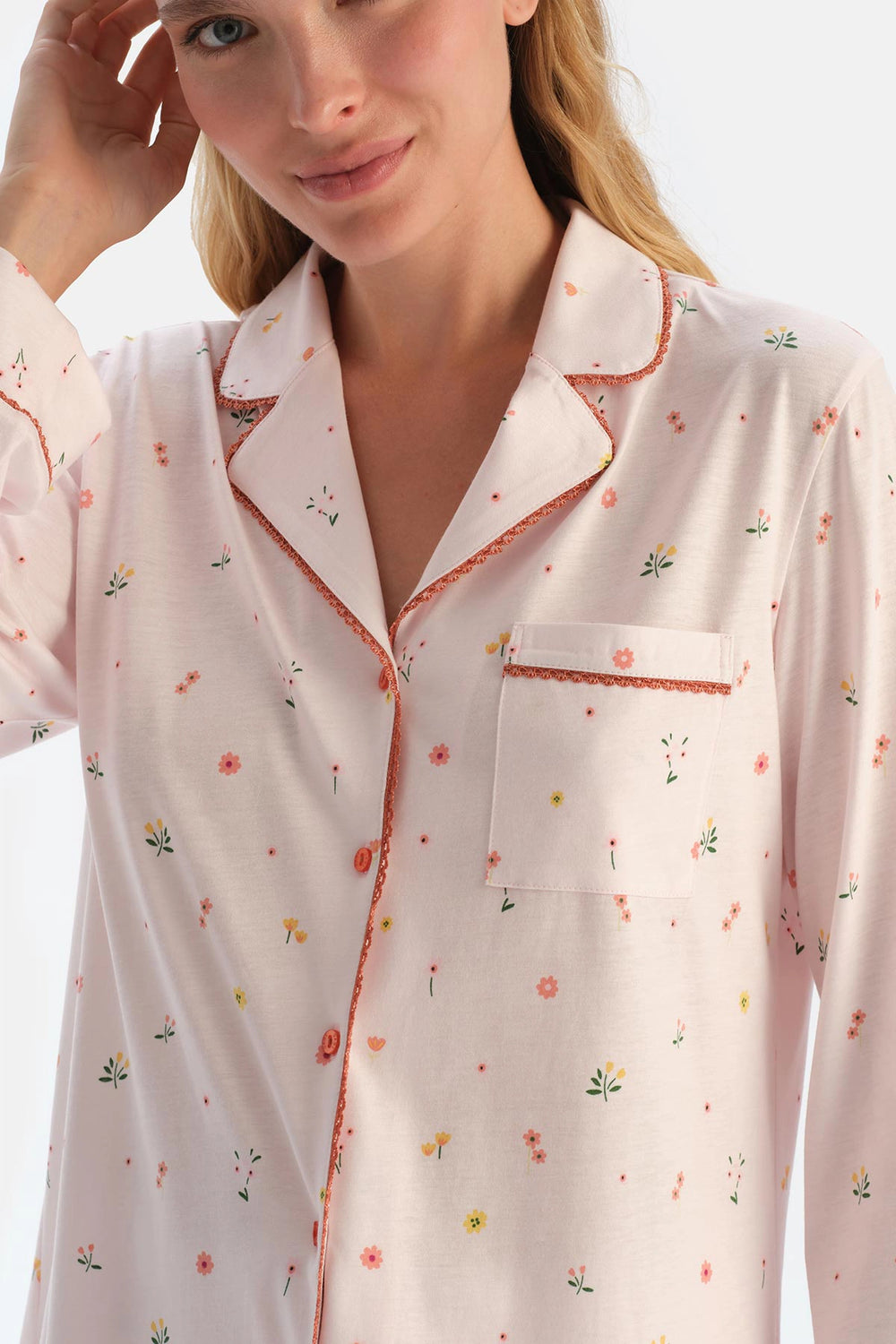 Ekru Baskılı Gömlek Pantolon Pijama Takımı