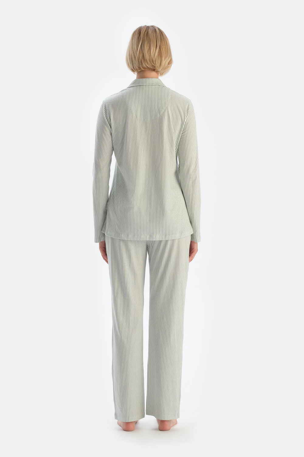 Turkuaz Çizgili Nakış Detaylı Pamuklu Pijama Takımı