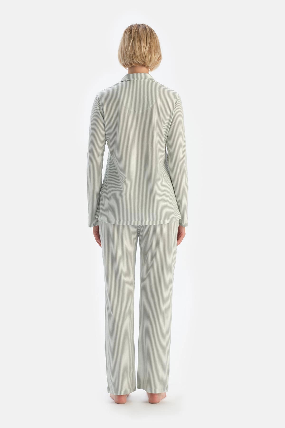 Turkuaz Çizgili Nakış Detaylı Pamuklu Pijama Takımı