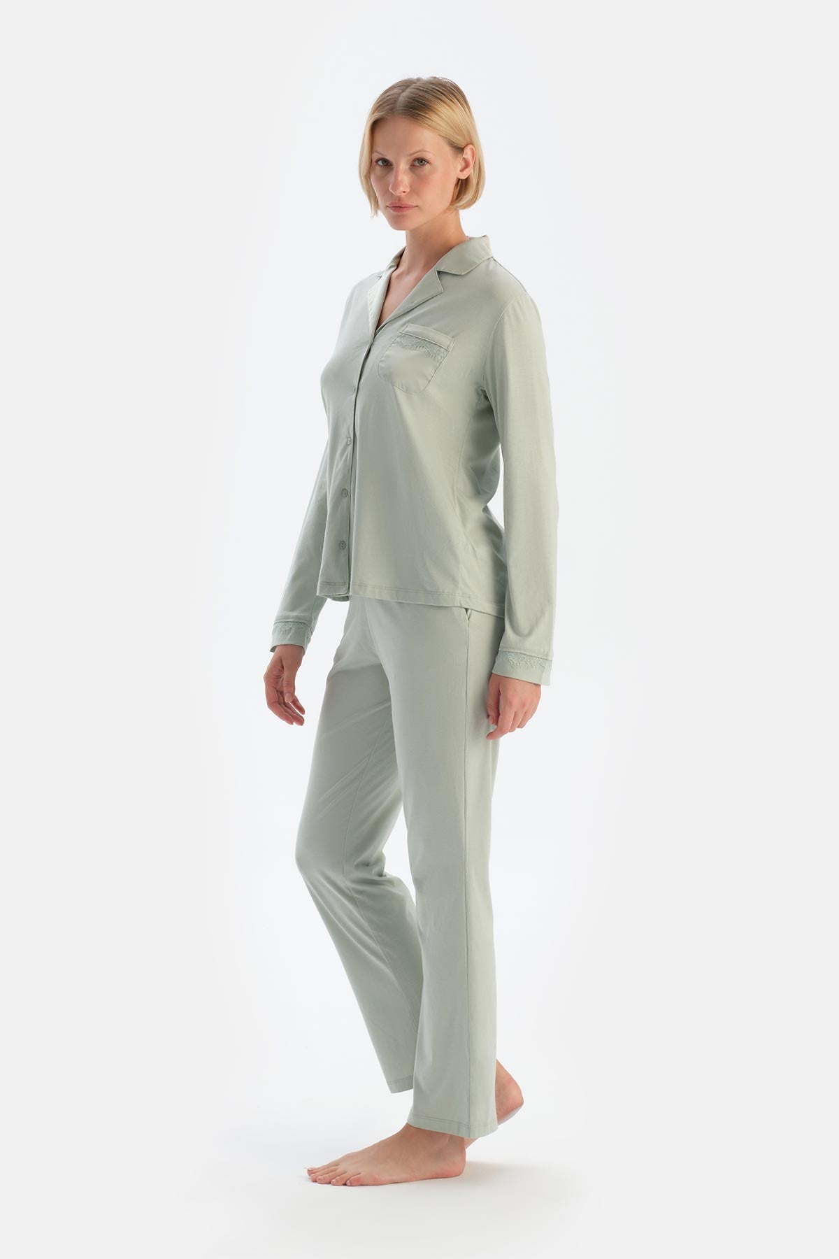 Mint Yeşili Saten Garnili Modal Pijama Takımı