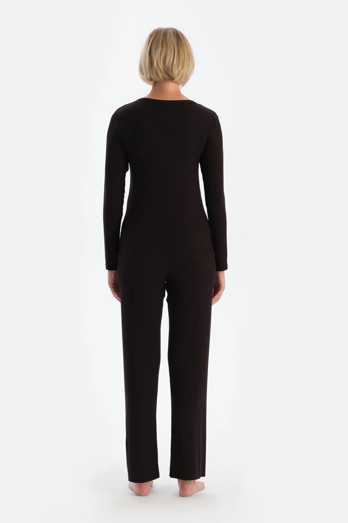 Koyu Kahve Uzun Kollu Kaşkorse Pijama Takımı