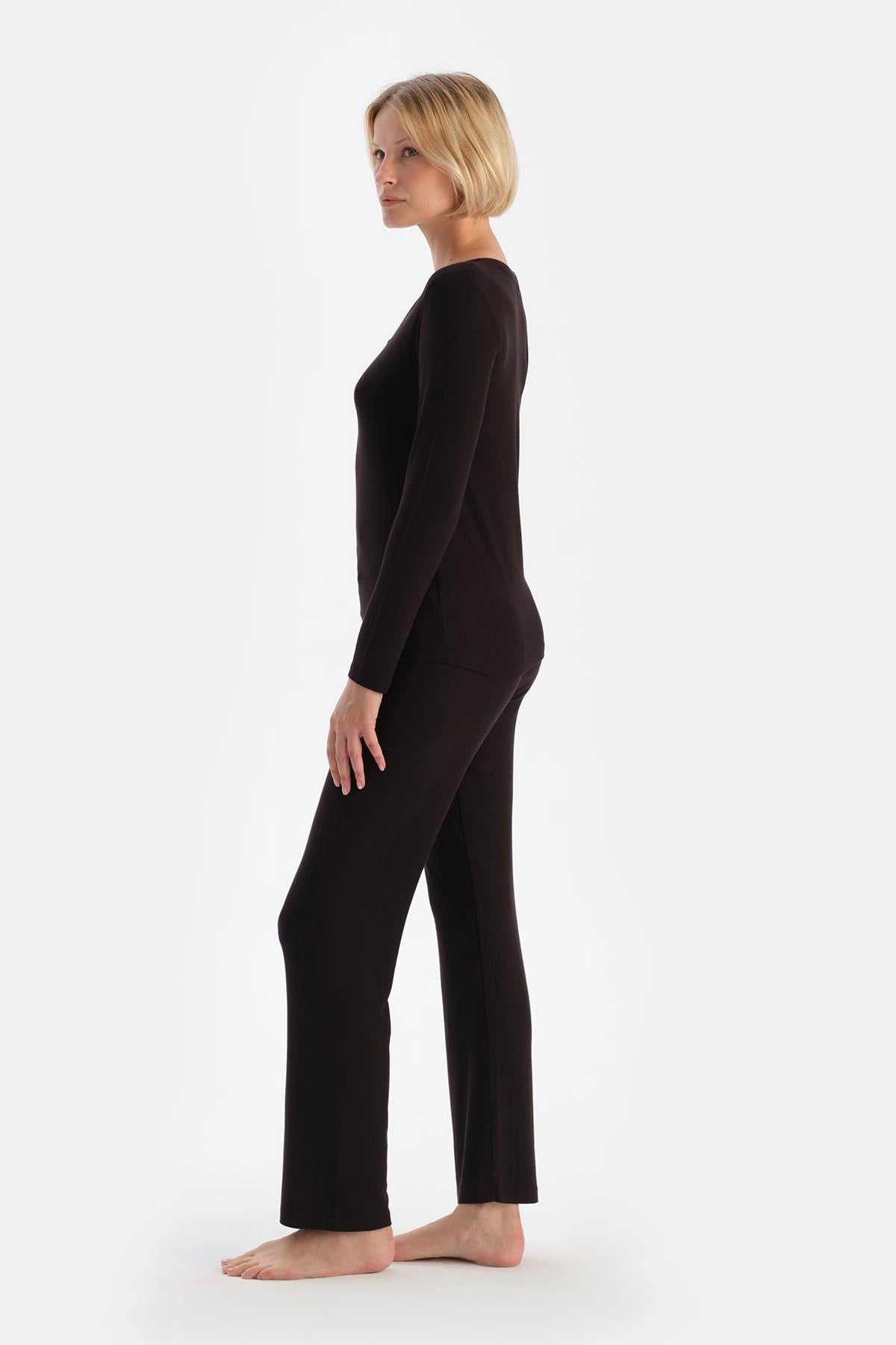 Koyu Kahve Uzun Kollu Kaşkorse Pijama Takımı